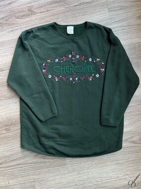 Vintage Cherokee Embroidered Floral Crewneck Sweatshirt - Forest Green - Size S